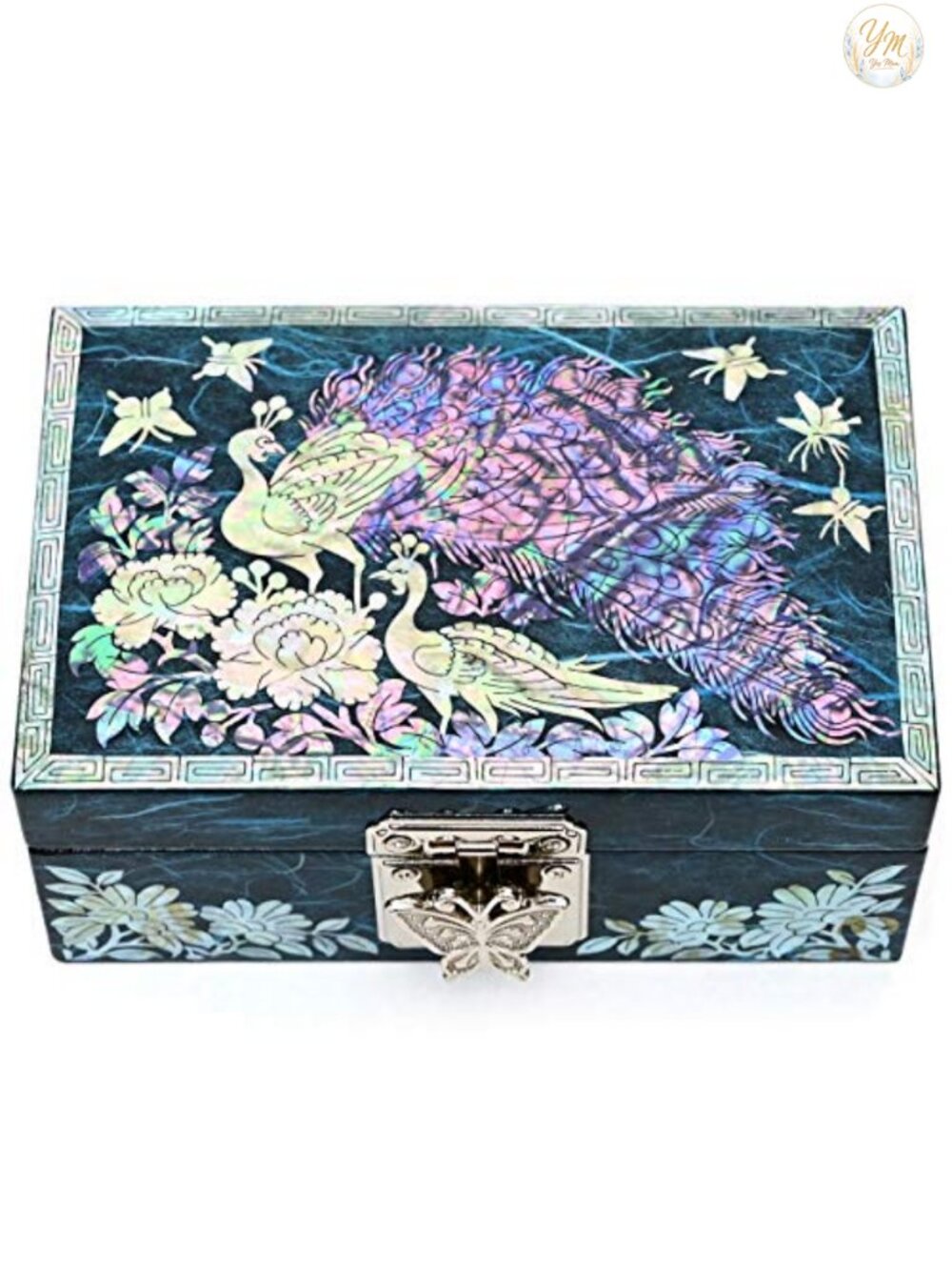 Mother of Pearl Lacquer Peacock Jewelry Box Rings Earrings Mirror